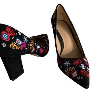 GUNMETAL “Pearl 2” Suede Embroidered Block Heel Pointed Toe Back Pumps - SIZE 7